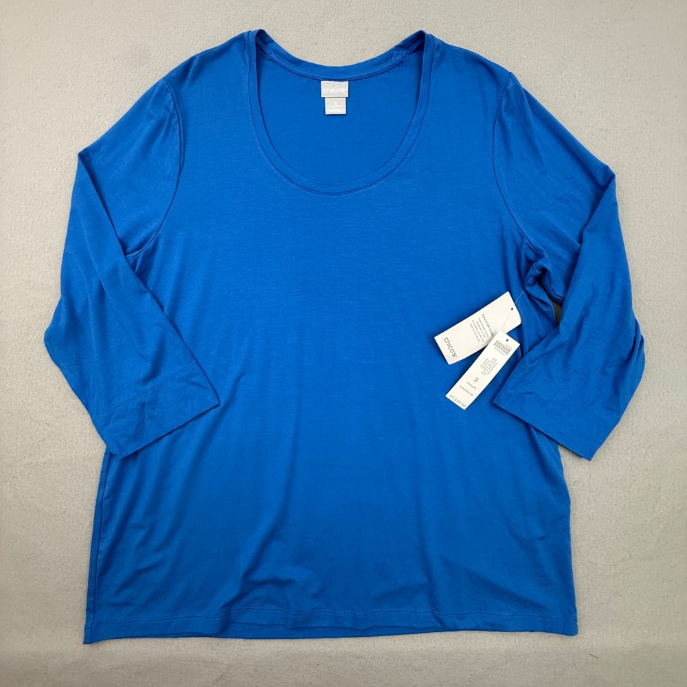 Chico's Tee Women 3 Blue Scoop Neck 3/4 Sleeve Touch of Cool Basic Knit Top New